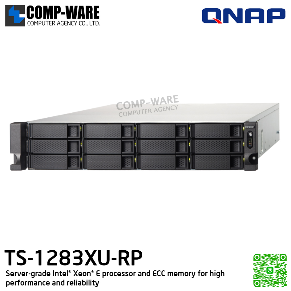 QNAP (2U 12-Bay) TS-1283XU-RP-E2124-8G / Intel Xeon E-2124 (8Core) / 8GB UDIMM DDR4 ECC (2 x 4GB) / 12 x 2.5"/3.5" SATA 6Gbps / 4 x GigaLan, 2 x 10GbE SFP+ SmartNIC / 300W Redundant PSU / 3Y Warranty , No HDD , No Rail Kit