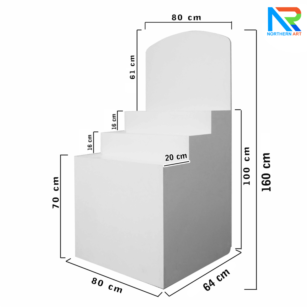 เช่าชั้นวางพลาสวูดขั้นบันได ขนาด (W) 80 x (L)64 x (H)160 cm. มีล้อเลื่อนพร้อมตู้เก็บของด้านหลัง