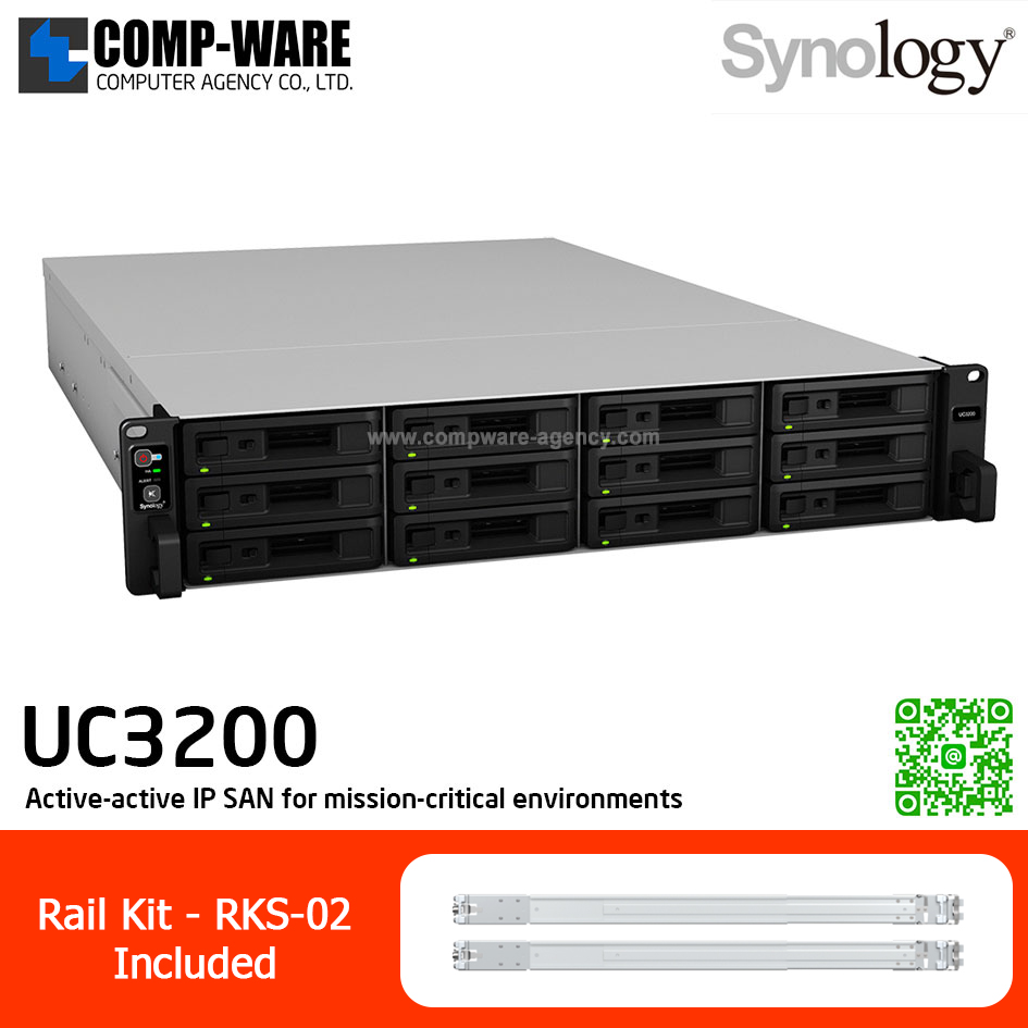 Synology Unified Controller (2U 12-Bay) UC3200 / Intel Xeon D-1521 / 8GB DDR4 ECC UDIMM (Max. 64GB) / 2x1GbE Base T per Controller, 1x10GbE Base T per Controller / Redundant Power / Rail kit RKS-02 / No HDD / 5Y Warranty