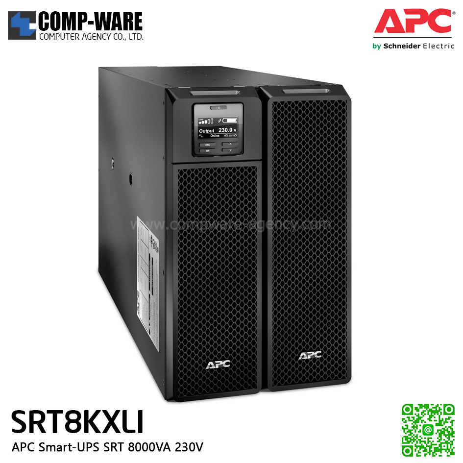 APC SRT Series Smart-UPS On-Line SRT 8000VA Tower model , 230V , มีหน้าจอ LCD, รองรับการเชื่อมต่อ battery pack สูงสุด 10 pack APC-SRT8KXLI