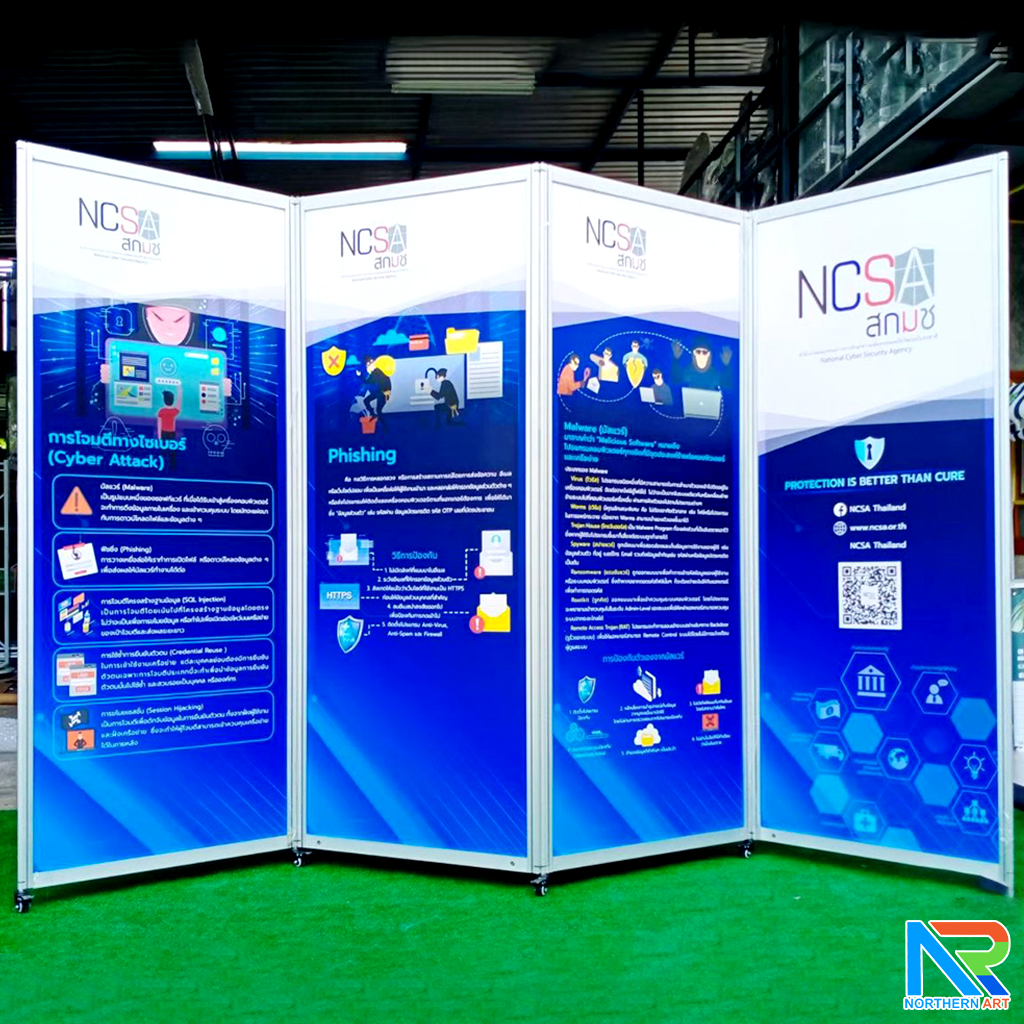 บอร์ดจัดนิทรรศการ บอร์ดอะลูมิเนียม รุ่น360องศา แบบ 4 บาน ขนาด 100x200 ซม.ถอดประกอบได้ มีล้อเลื่อน พับได้ เคลื่อนย้ายสะดวก