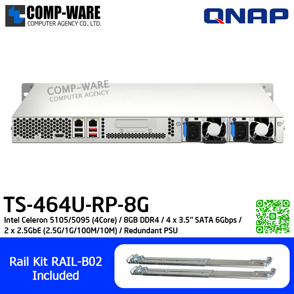 QNAP (1U 4-Bay) TS-464U-RP-8G / Intel Celeron 5105/5095 (4Core) / 8GB DDR4 / 4 x 3.5" SATA 6Gbps / 2 x 2.5GbE (2.5G/1G/100M/10M) / Redundant PSU / 3Y Warranty / No HDD / Rail Kit RAIL-B02