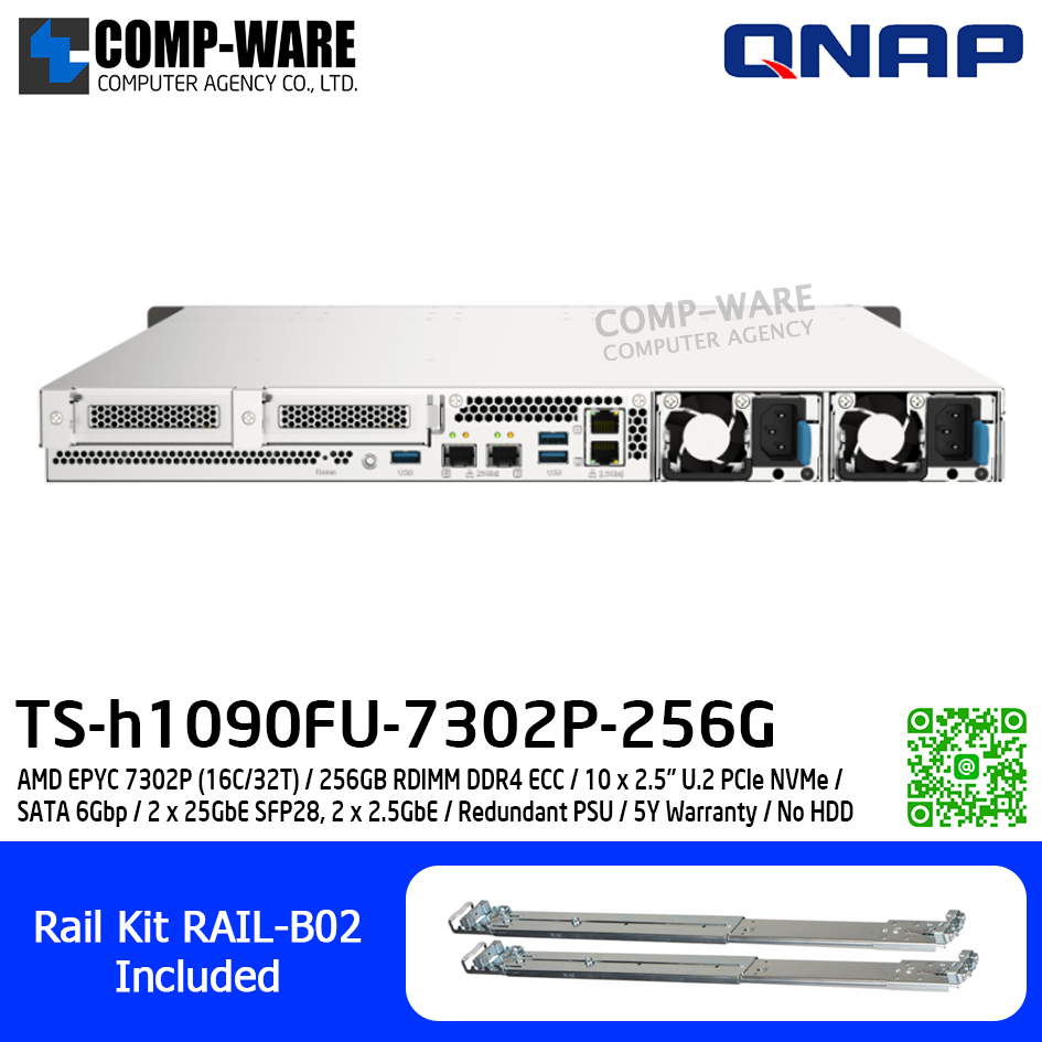 QNAP (1U 10-Bay) TS-h1090FU-7302P-256G / AMD EPYC 7302P (16C/32T) / 256GB RDIMM DDR4 ECC / 10 x 2.5" U.2 PCIe NVMe / SATA 6Gbp / 2 x 25GbE SFP28, 2 x 2.5GbE / Redundant PSU / 5Y Warranty / No HDD / Rail Kit RAIL-B02