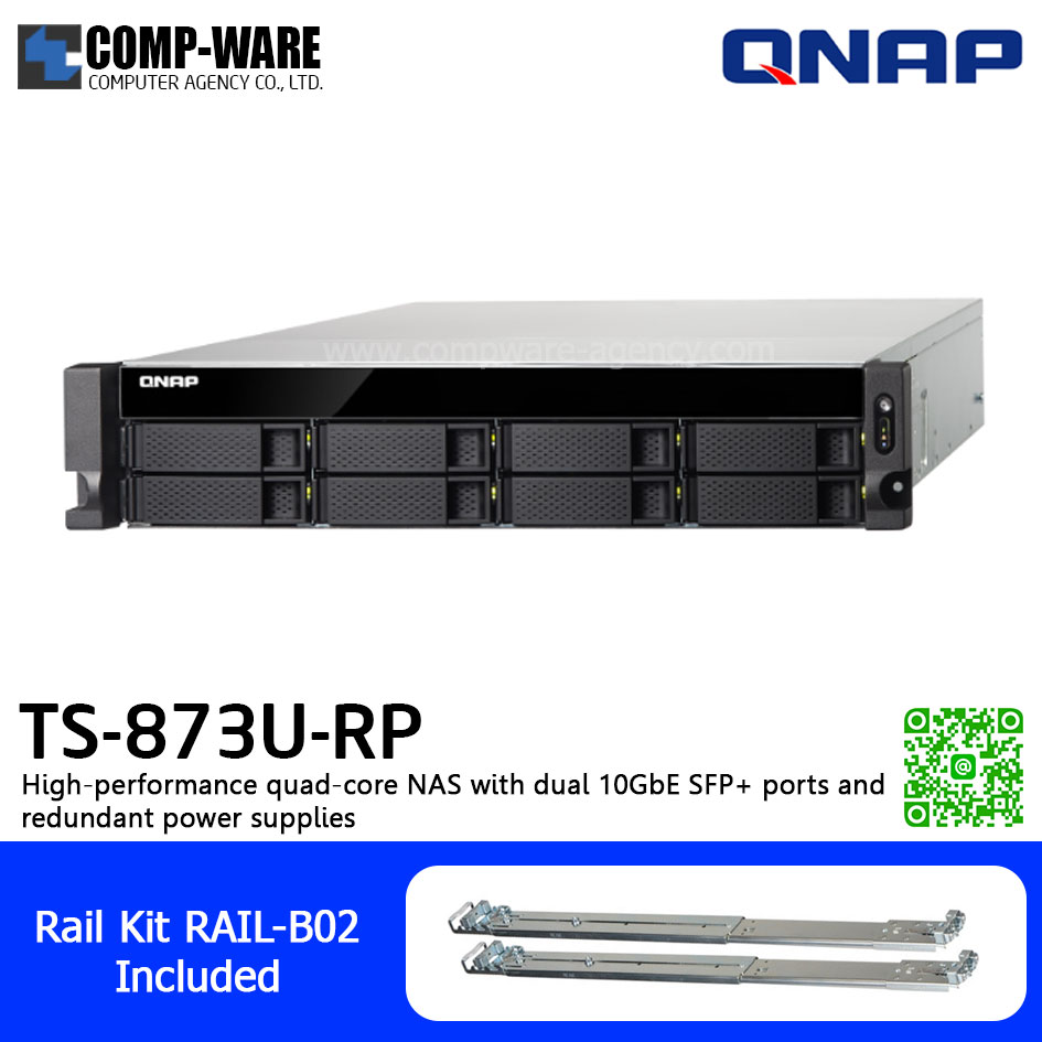 QNAP NAS (2U 8-Bay) TS-873U-RP-8G (8GB RAM up to 64GB) AMD R-Series RX-421ND , 2 x 10GbE SFP+ ,Redundant Power Supply w/Rail Kit RAIL-B02, No HDD