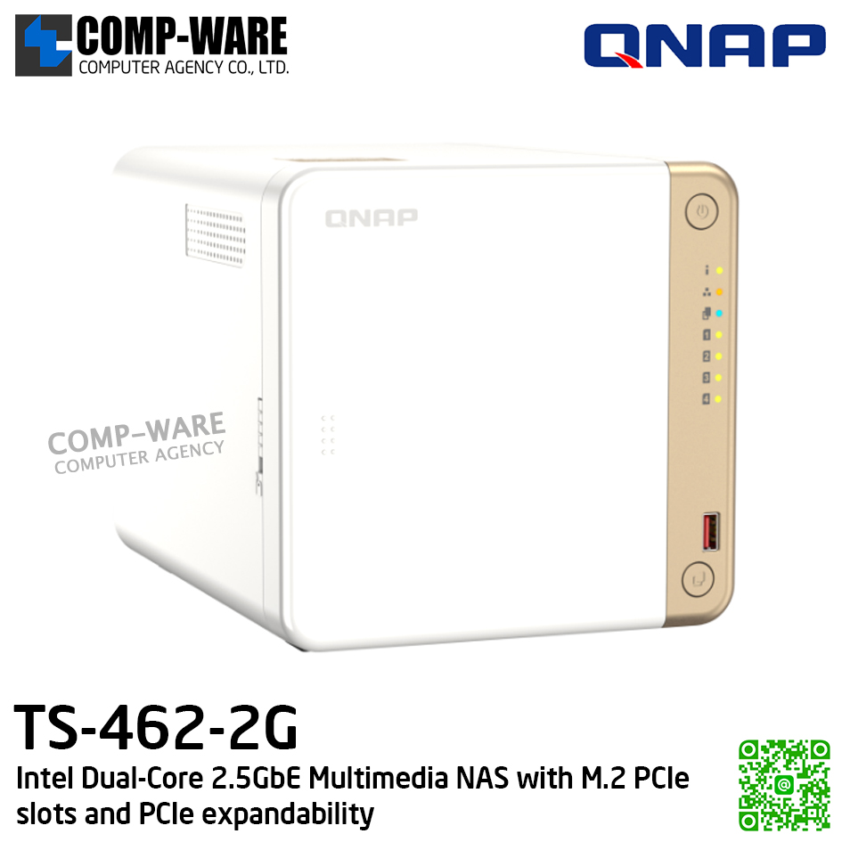 QNAP (Tower 4-Bay) TS-462-2G / Intel Celeron N4505 / 2GB SODIMM DDR4 / 4 x 3.5-inch SATA 6Gb/s / 2 x M.2 2280 / 1 x 2.5GbE / 1 x HDMI / Adapter Power / 2Y Warranty / No HDD