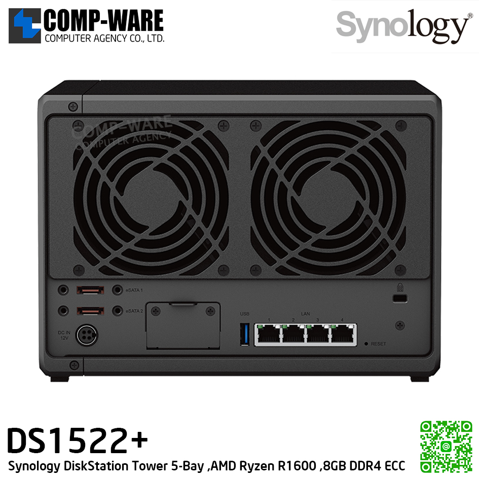 Synology DiskStation (Tower 5-Bay) DS1522+ / AMD Ryzen R1600 / 8GB DDR4 ECC / 5 x 3.5" SATA HDD or 2.5" SATA SSD / 2 x M.2 2280 NVMe / 4 x RJ-45 1GbE / 3Y Warranty / No HDD