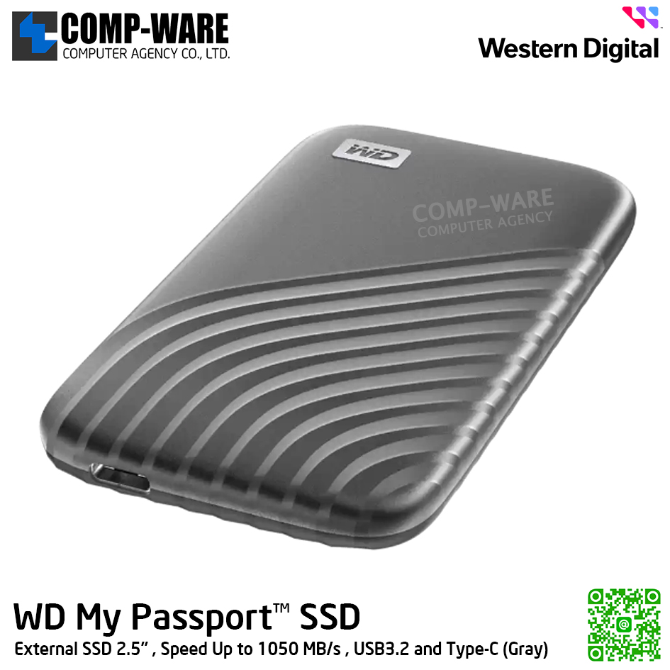 WD 1TB My Passport SSD External SSD 2.5" , Speed Up to 1050 MB/s , USB3.2 and Type-C (Gray) WDBAGF0010BGY-WESN รับประกัน 3 ปี