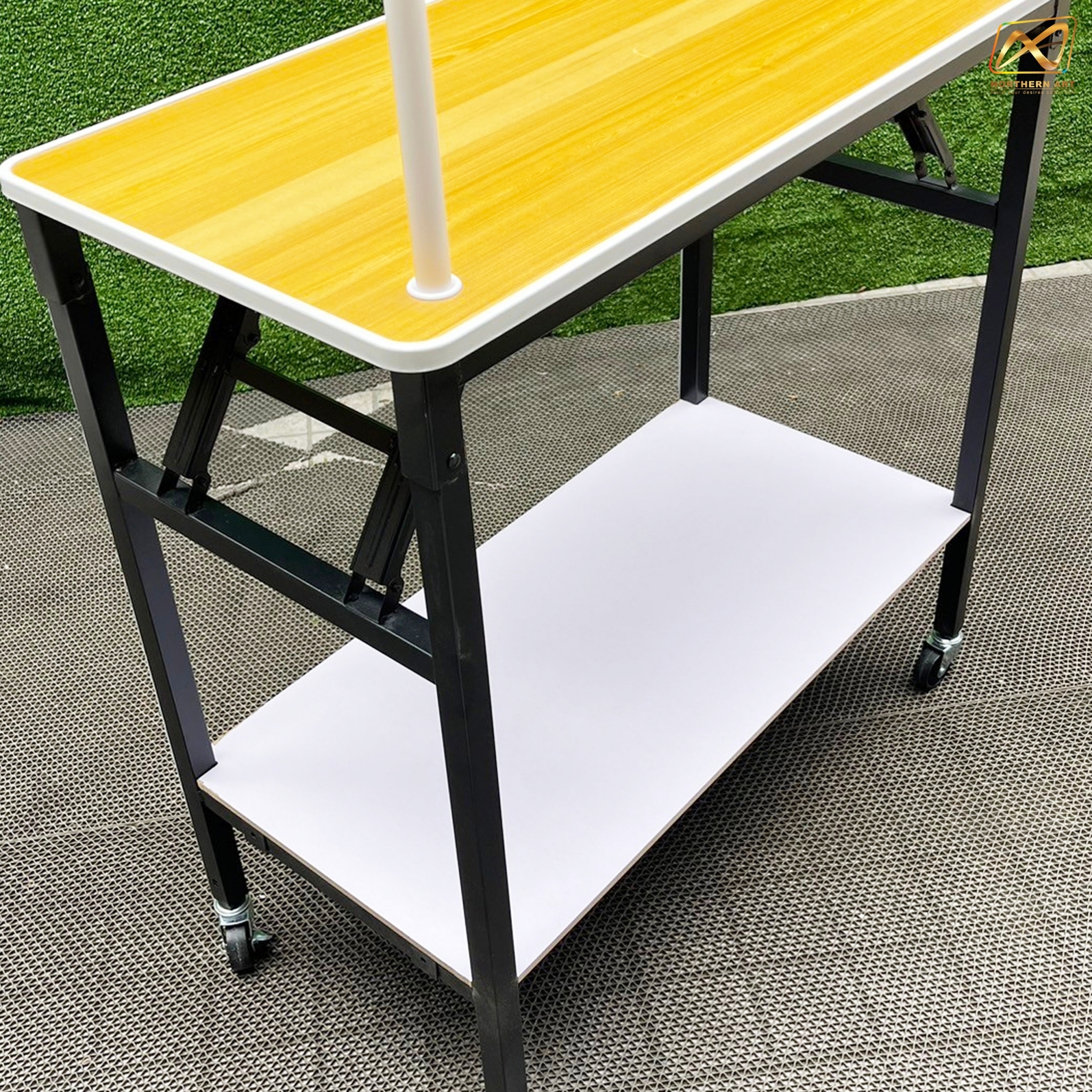 โต๊ะชงชิม TOPไม้ พร้อมล้อ ขนาด (W)80 X (D)40 X (H)170 cm. โครงเหล็กพับได้ มีชั้นวางของ แข็งแรง รับน้ำหนักได้ดี