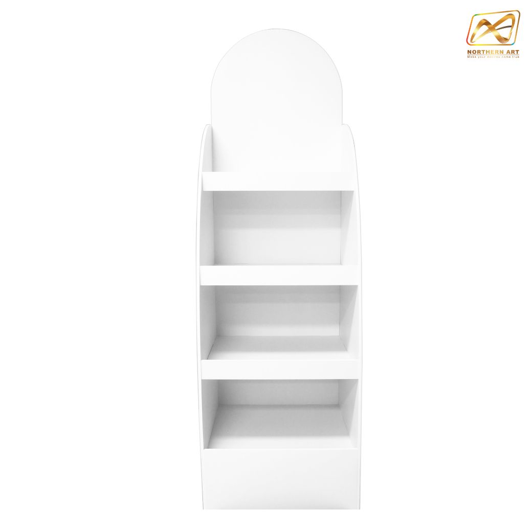 ชั้นวางสินค้าพลาสวูด 4 ชั้น ขนาด (W)45 x (W)40 x (W)150 ซม. พร้อมงานพิมพ์ พลาสวูดหนา 8 มม.