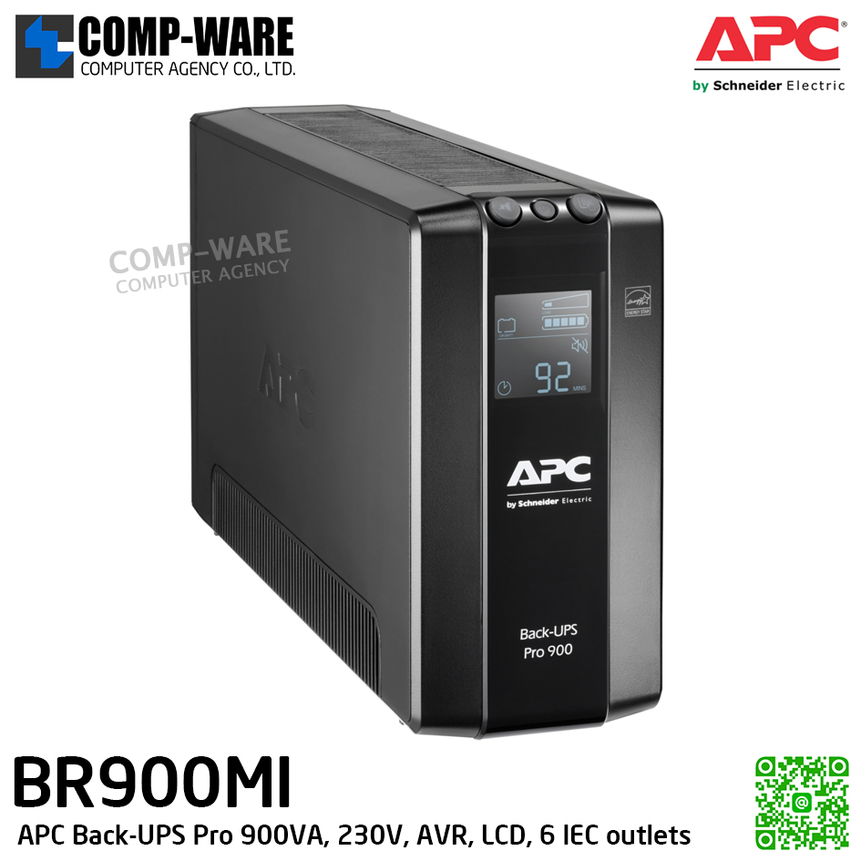 APC Back-UPS Pro 900VA/540Watt , 230V, AVR, LCD, 6 IEC outlets, APC-BR900MI (เต้าเสียบ IEC, มี auto shutdown software, มีหน้าจอ LCD) / 3Y Onsite 5x8