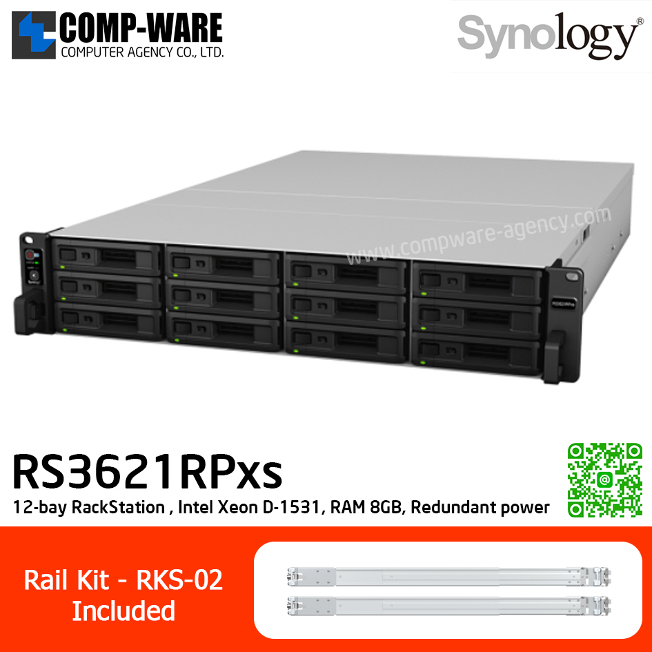 Synology RackStation (2U 12-Bay) RS3621RPxs / Intel Xeon D-1531 6-Core / 8GB ECC UDIMM (Max.64GB) / 4x1GbE Base T / Redundant power / Rail Kit RKS-02 / 5Y Warranty / No HDD