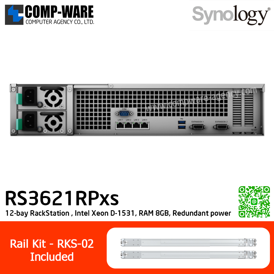 Synology RackStation (2U 12-Bay) RS3621RPxs / Intel Xeon D-1531 6-Core / 8GB ECC UDIMM (Max.64GB) / 4x1GbE Base T / Redundant power / Rail Kit RKS-02 / 5Y Warranty / No HDD