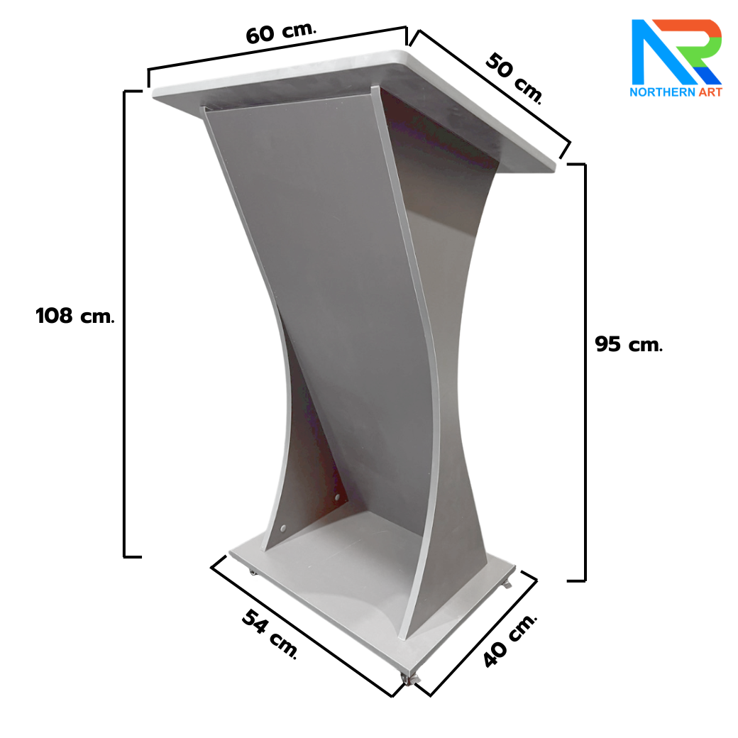 โพเดียมไม้ สีเทา TOPเอียง ขนาด (W)60 x (L)50 x (H)108 cm. พร้อมล้อเลื่อนและชั้นวางของ