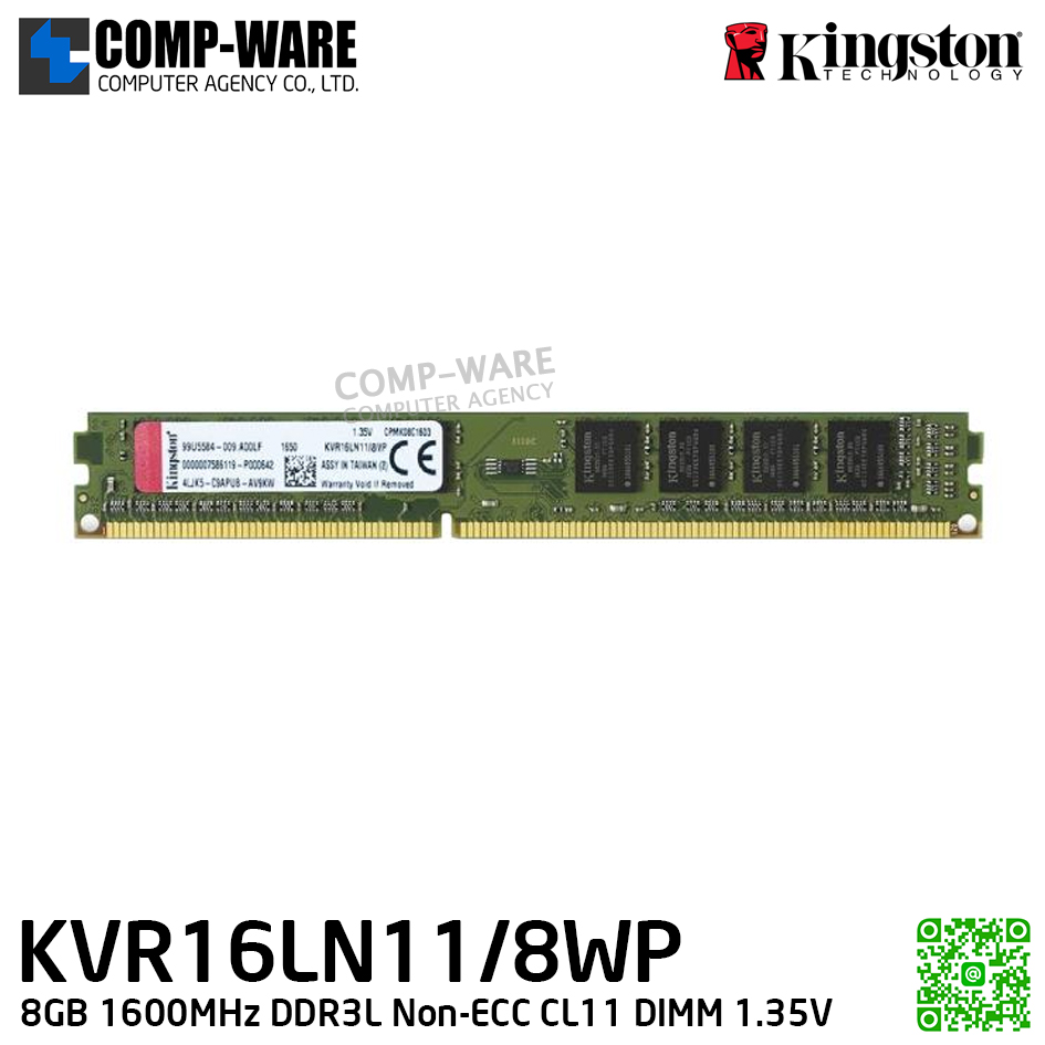 Kingston KVR16LN11/8WP 8GB 1600MHz DDR3L Non-ECC CL11 DIMM 1.35V - Lifetime Warranty - Memory Module - RAM
