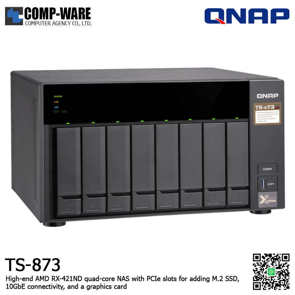QNAP NAS (8-Bay) TS-873 (8GB RAM up to 64GB) AMD R-Series RX-421ND quad-core M.2 Dual-Slot Support, No HDD