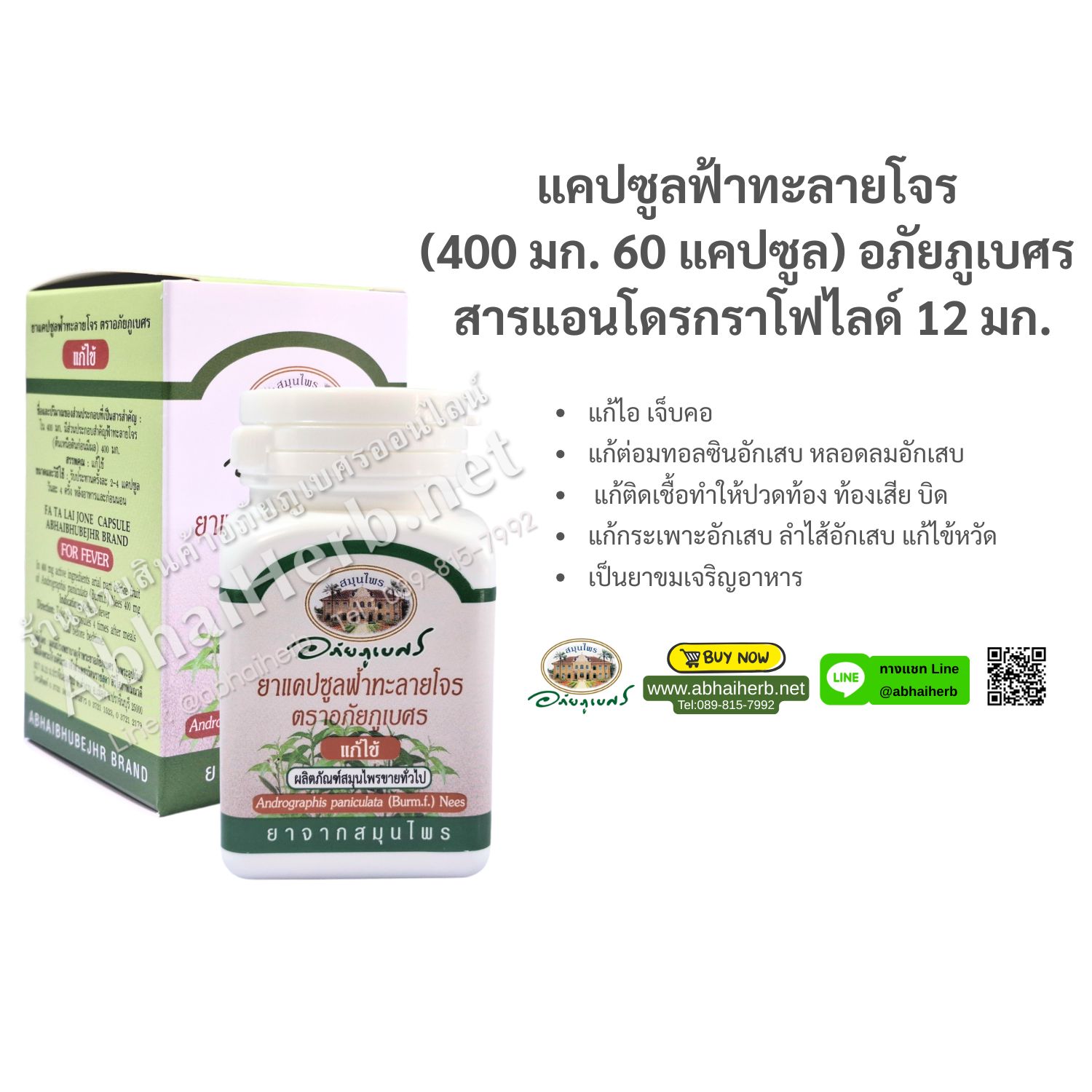 (ลด 10%) แคปซูลฟ้าทะลายโจร (400 มก. 60 แคปซูล) อภัยภูเบศร สารแอนโดรกราโฟไลด์ 12 มก.