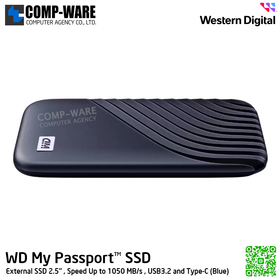 WD 1TB My Passport SSD External SSD 2.5" , Speed Up to 1050 MB/s , USB3.2 and Type-C (Blue) WDBAGF0010BBL-WESN รับประกัน 3 ปี