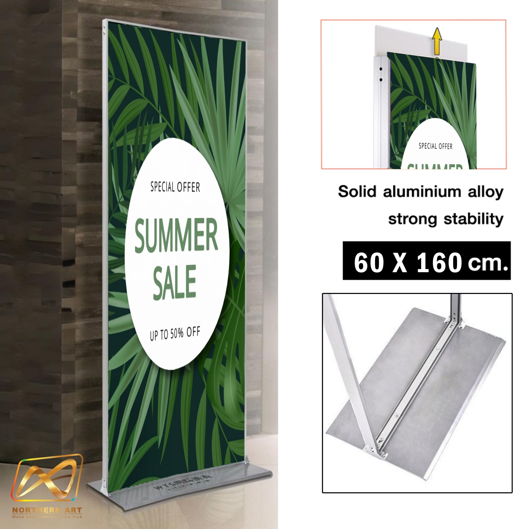 ป้ายตั้งพื้น รุ่นLUXURY ขนาด 60x160 ซม. โครงอะลูมิเนียม ฐานเหล็กหนา โชว์งานพิมพ์ 2 ด้าน ถอดประกอบได้