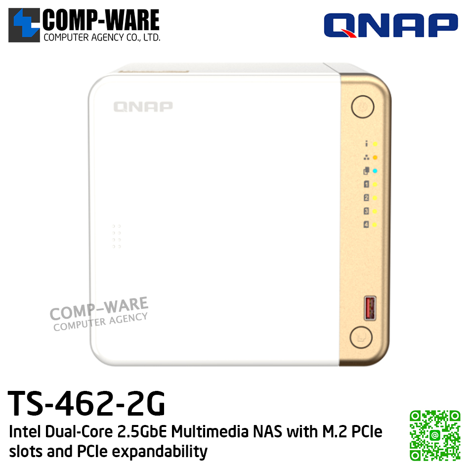QNAP (Tower 4-Bay) TS-462-2G / Intel Celeron N4505 / 2GB SODIMM DDR4 / 4 x 3.5-inch SATA 6Gb/s / 2 x M.2 2280 / 1 x 2.5GbE / 1 x HDMI / Adapter Power / 2Y Warranty / No HDD