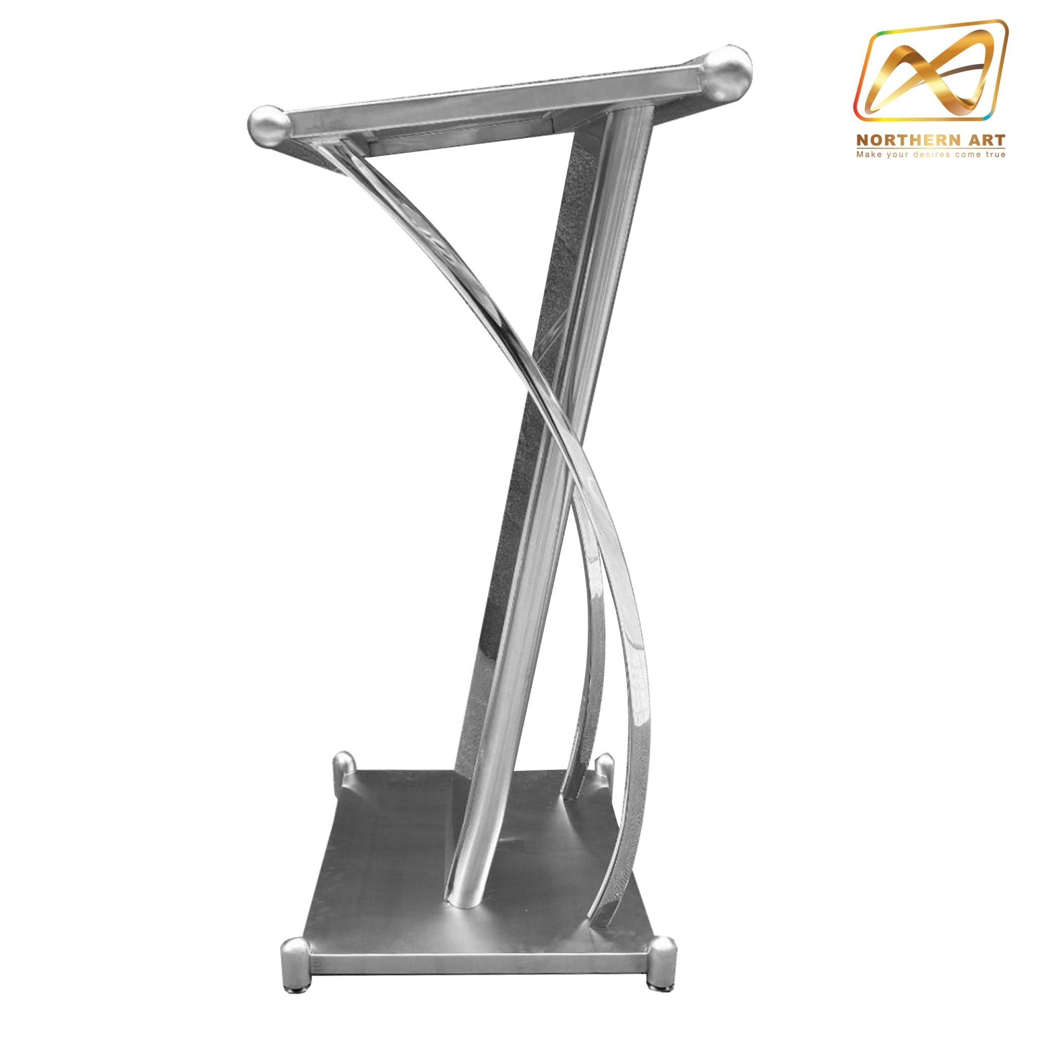 โพเดียมสแตนเลส แฮร์ไลน์ ST-01 ขนาด TOP (W)57 x (L)49 สูง (H)116 ซม. ตกแต่งสแตนเลสโค้งด้านข้าง เกรด304 แข็งแรงทนทาน