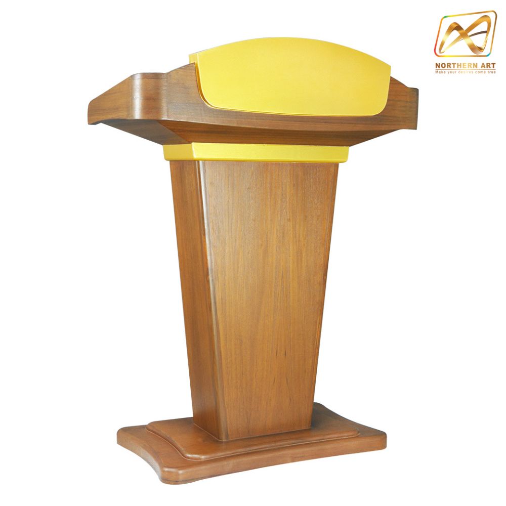 โพเดียมลายไม้สีสักและสีทอง รุ่น PD-07 ขนาดTOP 90 x 47 ซม.สูง 120 ซม. พร้อมชั้นวางของ