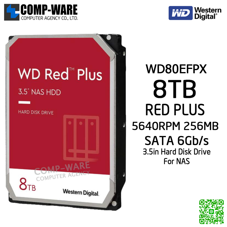 WD Red Plus 8TB NAS Hard Disk Drive - 5640RPM SATA 6Gb/s 256MB Cache 3.5Inch - WD80EFPX รับประกัน 3ปี