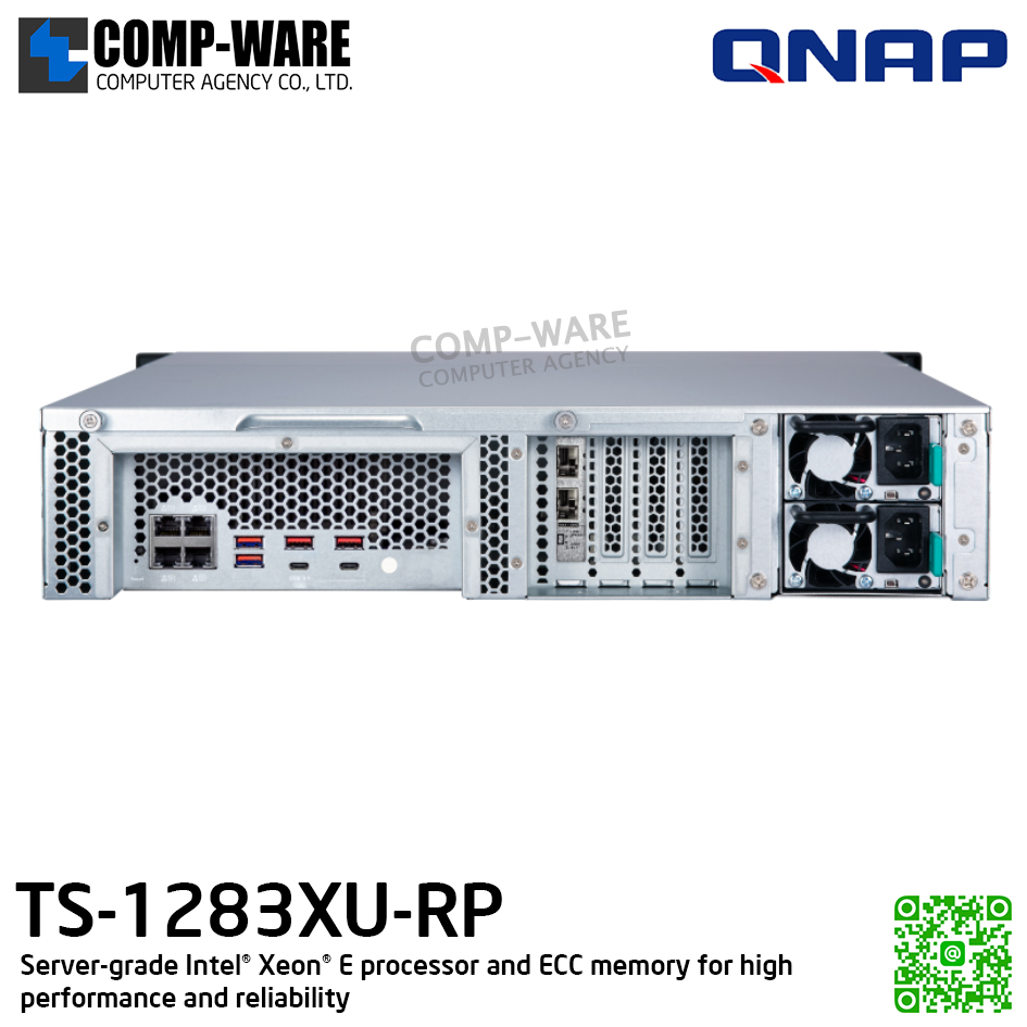QNAP (2U 12-Bay) TS-1283XU-RP-E2124-8G / Intel Xeon E-2124 (8Core) / 8GB UDIMM DDR4 ECC (2 x 4GB) / 12 x 2.5"/3.5" SATA 6Gbps / 4 x GigaLan, 2 x 10GbE SFP+ SmartNIC / 300W Redundant PSU / 3Y Warranty , No HDD , No Rail Kit