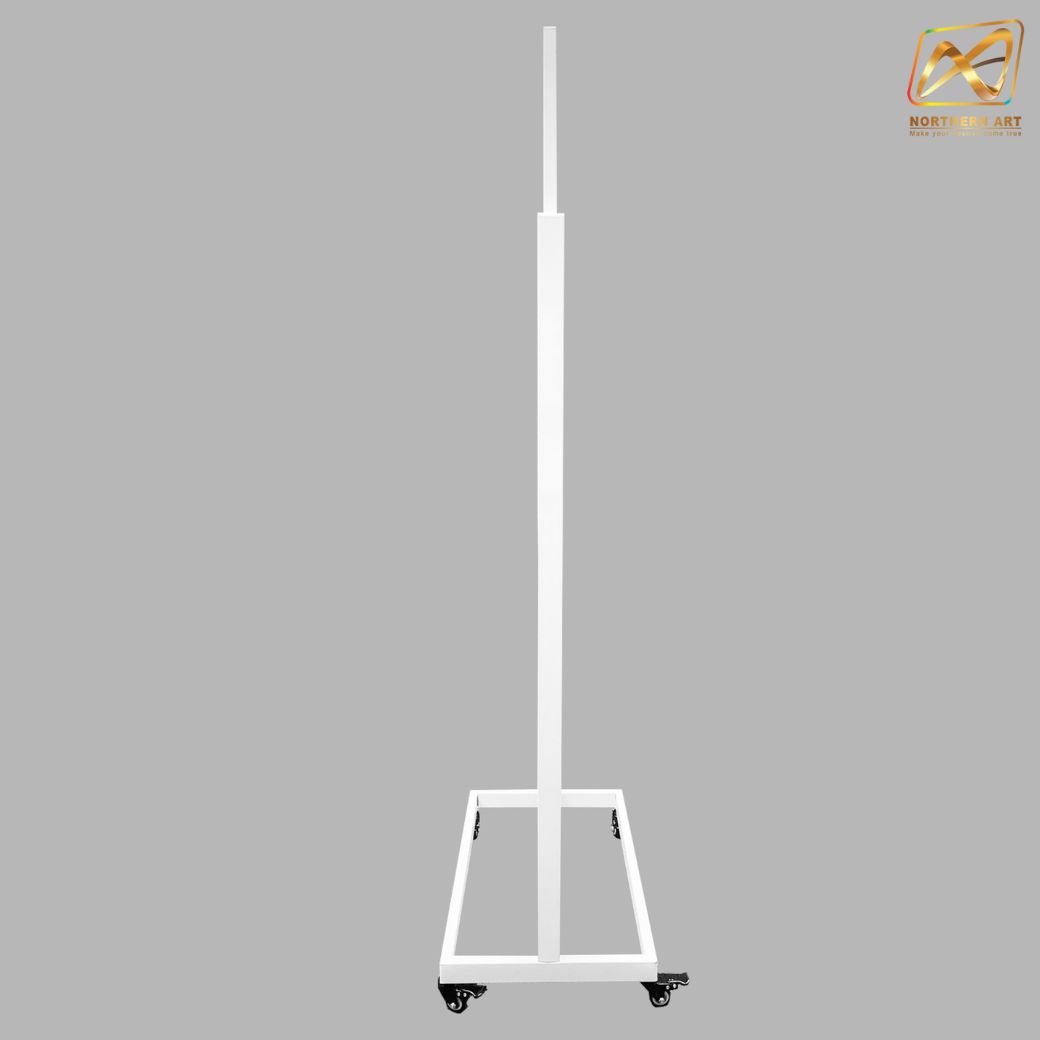 ป้ายตั้งพื้นเหล็ก กรอบคู่ สีขาว มีล้อ (W) 58 × (L) 73 x (H) 160 cm. สอดงานด้านบน โชว์ภาพ2ด้าน ถอดประกอบได้