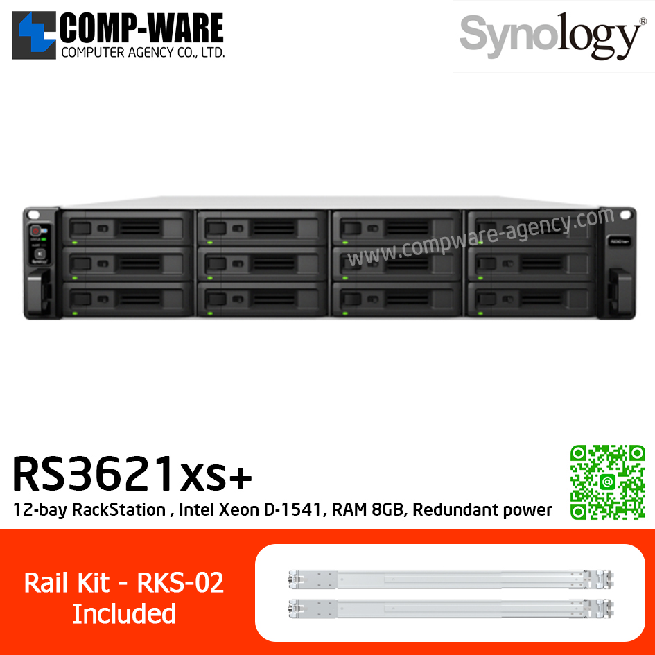 Synology RackStation (2U 12-Bay) RS3621xs+ / Intel Xeon D-1541 8-Core / 8GB ECC UDIMM RAM (Max.64GB) / 2x10GbE Base T, 4x1GbE Base T / Redundant power / Rail Kit RKS-02 / 5Y Warranty / No HDD