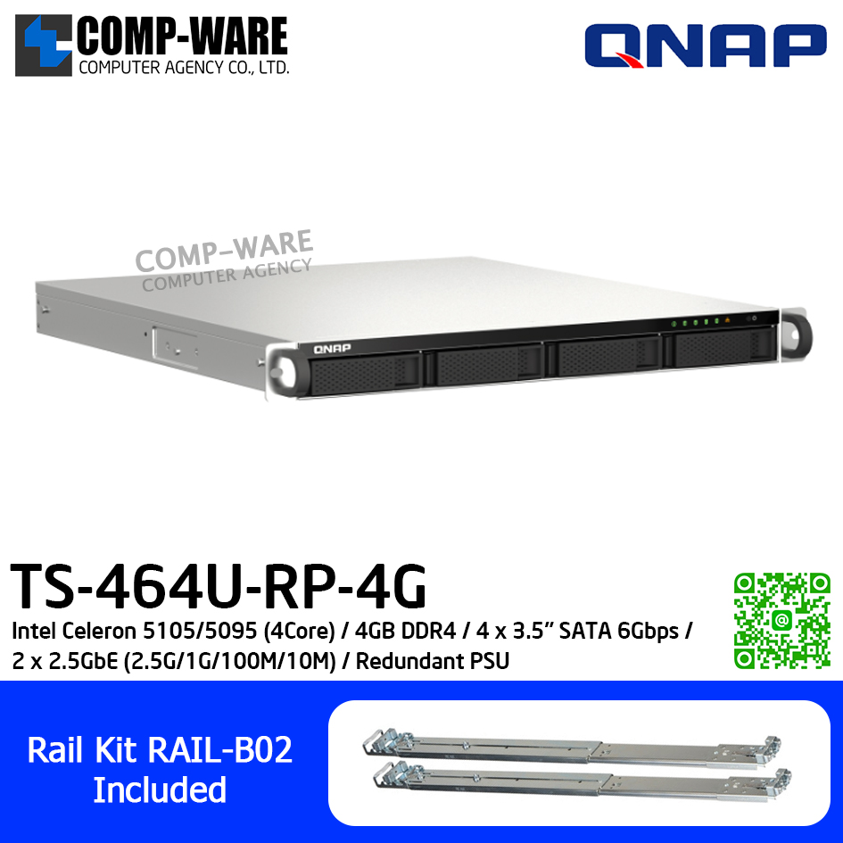 QNAP (1U 4-Bay) TS-464U-RP-4G / Intel Celeron 5105/5095 (4Core) / 4GB DDR4 / 4 x 3.5" SATA 6Gbps / 2 x 2.5GbE (2.5G/1G/100M/10M) / Redundant PSU / 3Y Warranty / No HDD / Rail Kit RAIL-B02