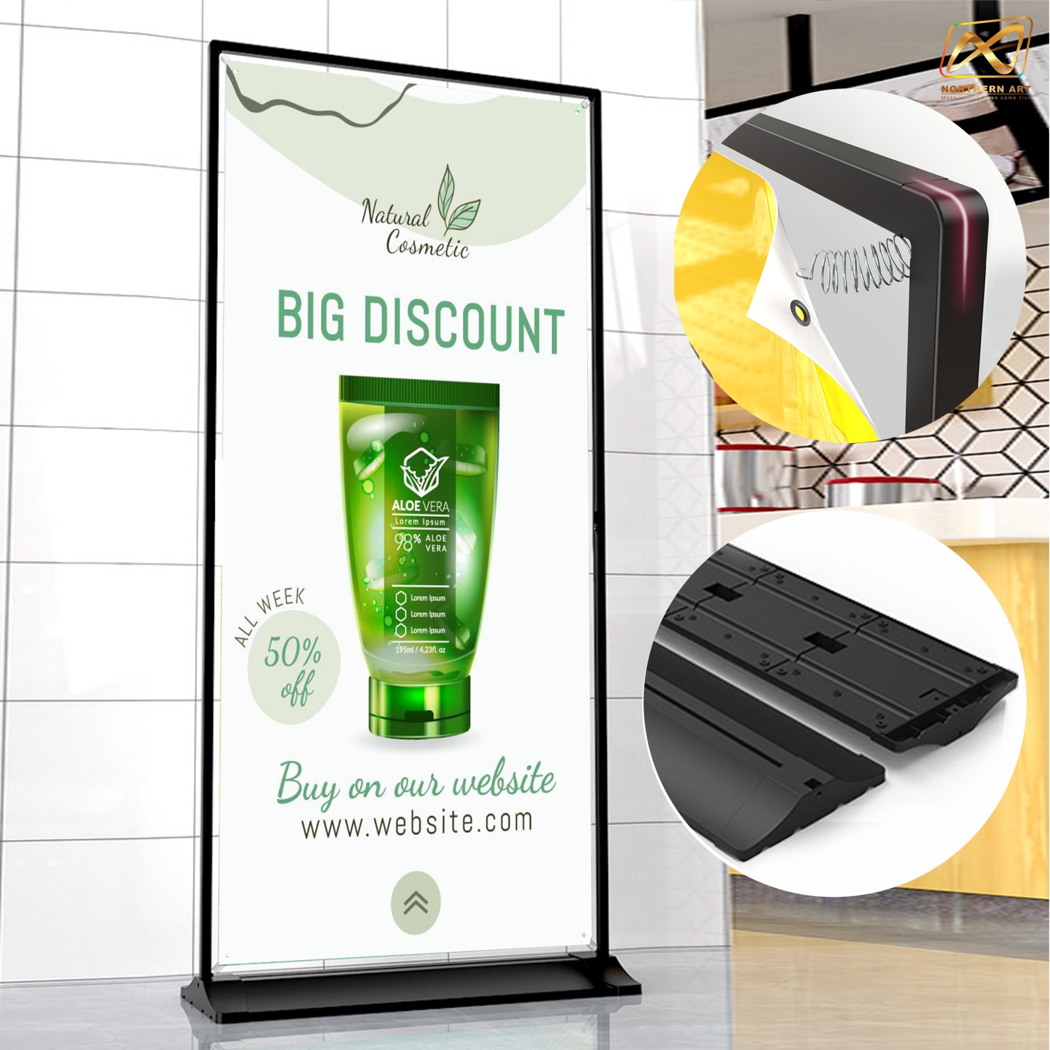 ป้ายตั้งพื้น รุ่นแขวน แบบ 2 เฟรม ฐานพลาสติกขึ้นรูป ขนาด 100x200 ซม. โครงเหล็กสีดำพร้อมขอแขวน 4 มุม ถอดประกอบได้ เคลื่อนย้ายสะดวก