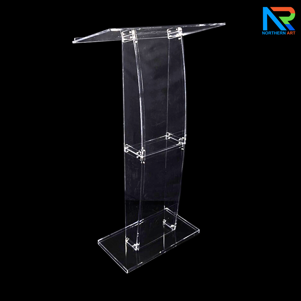 โพเดียม อะคริลิคใส ขนาด(W)68 x (L)34 x (H)123 cm. TOP เอียงพร้อมกันตก วัสดุอะคริลิคใส หนา 8 มม.