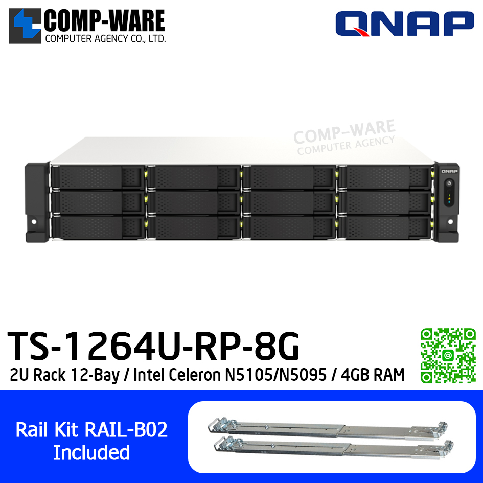 QNAP (2U 12-Bay) TS-1264U-RP-8G / Intel Celeron N5105/N5095 / 4GB DDR4 SODIMM / 12 x 2.5"/3.5" SATA 6Gbps / 2 x 2.5GbE / Redundant PSU / 3Y Warranty / No HDD / Rail kit RAIL-B02