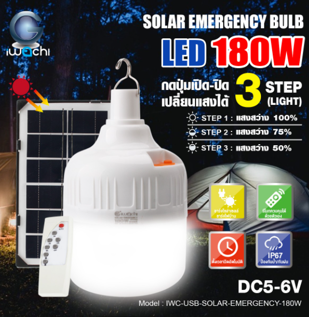 หลอดทรงกระบอกฉุกเฉิน โซล่าเซลล์ / IWC-USB-SOLAR-EMERGENCY-180W