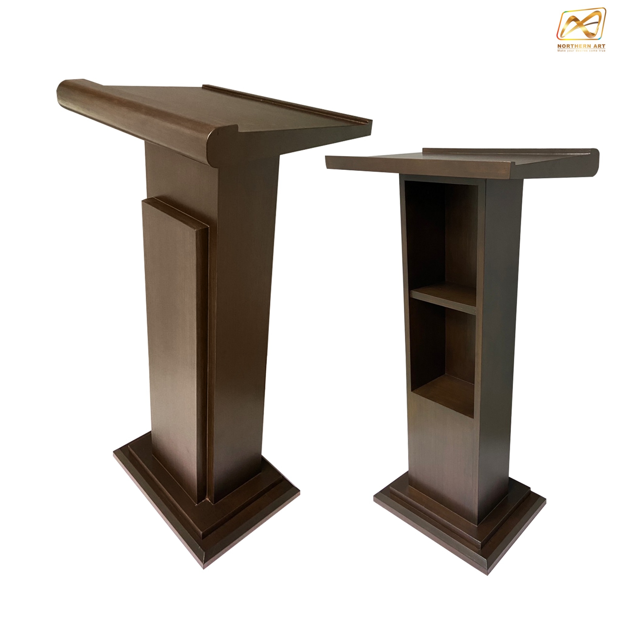 โพเดียมไม้ สีโอ๊ค ทรงโมเดิร์น TOPตรง ขนาด (W)55 x (L)42 x (H)109 cm. พร้อมชั้นวางของ