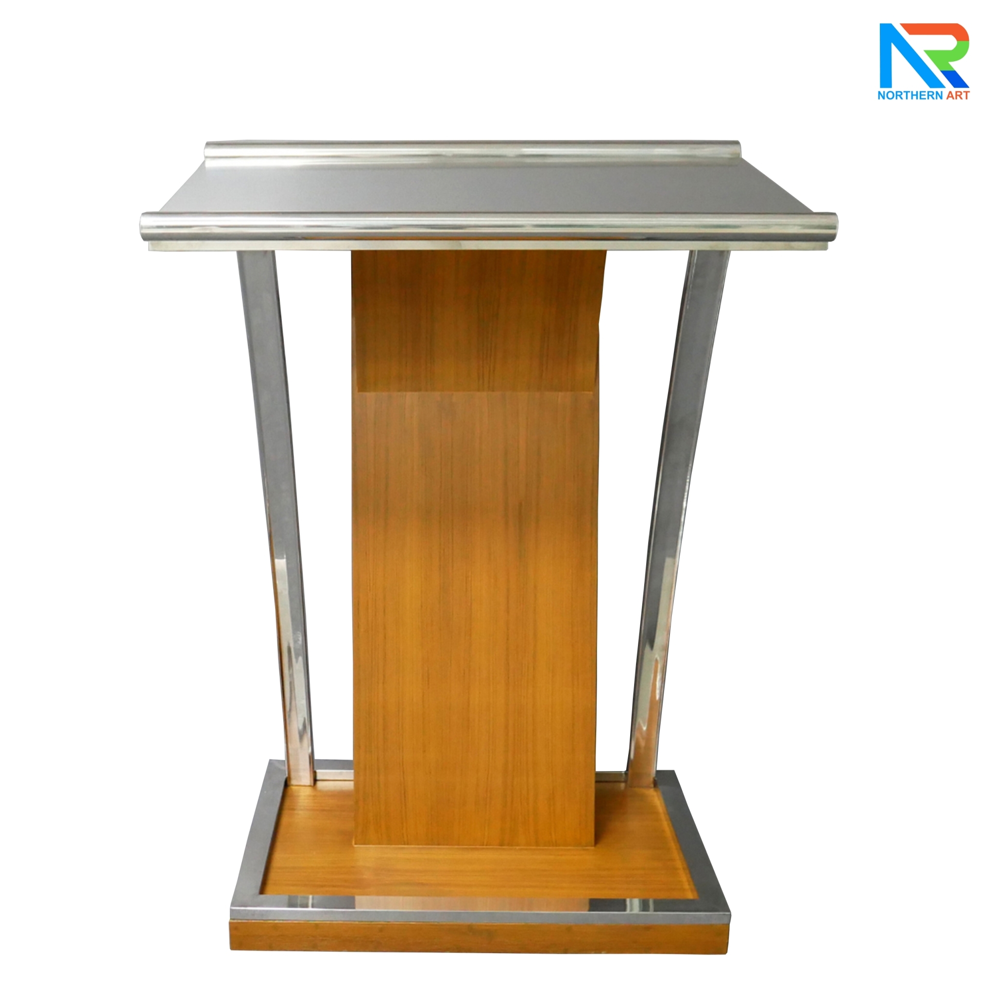 โพเดียมไม้ ยืนคู่ สีสัก ขนาด (W) 90x (L) 59 x (H) 120 cm.Topและฐาน หุ้มสแตนเลสเกรด304