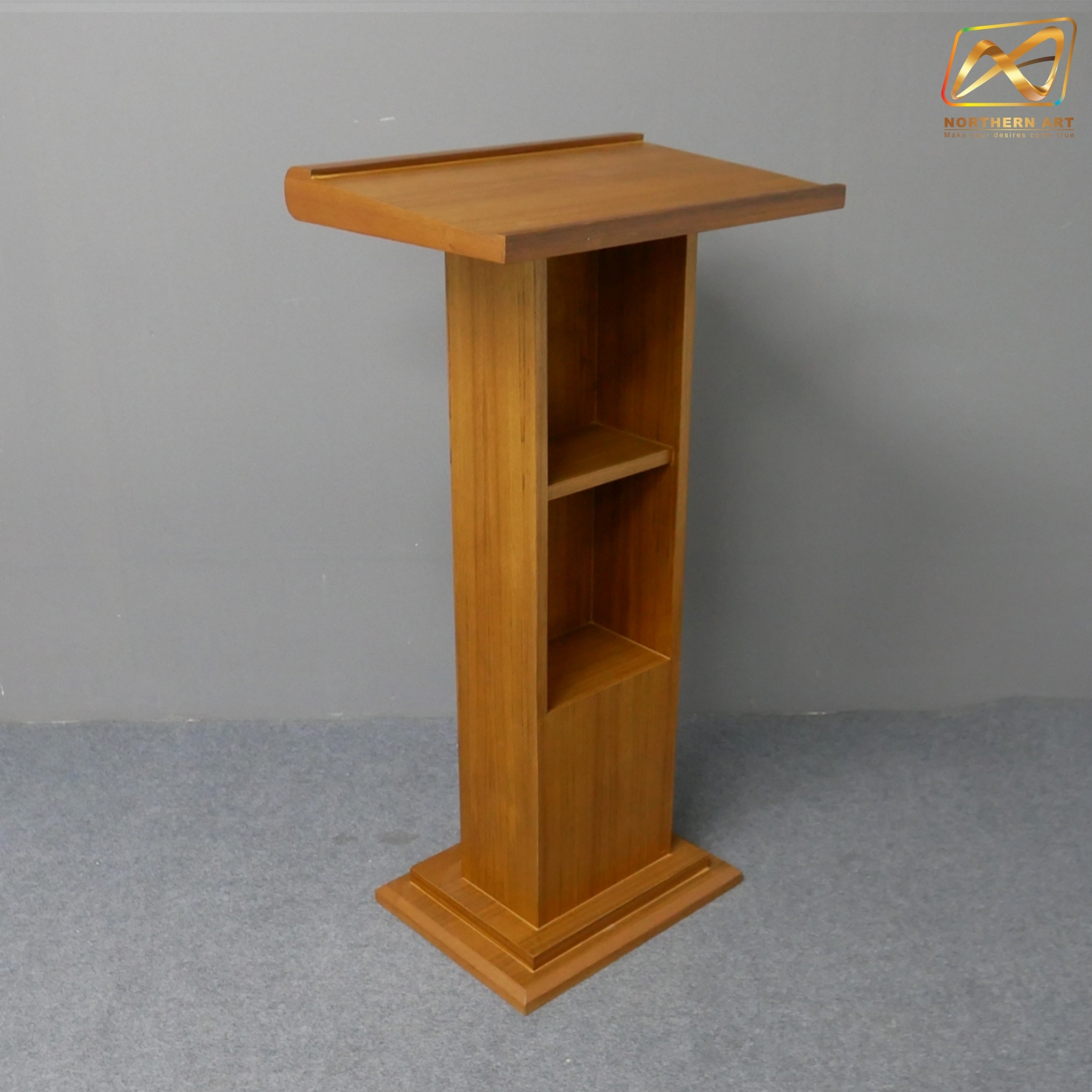 โพเดียมไม้ สีสัก ทรงโมเดิร์น TOPตรง ขนาด (W)55 x (L)42 x (H)109 cm. พร้อมชั้นวางของ