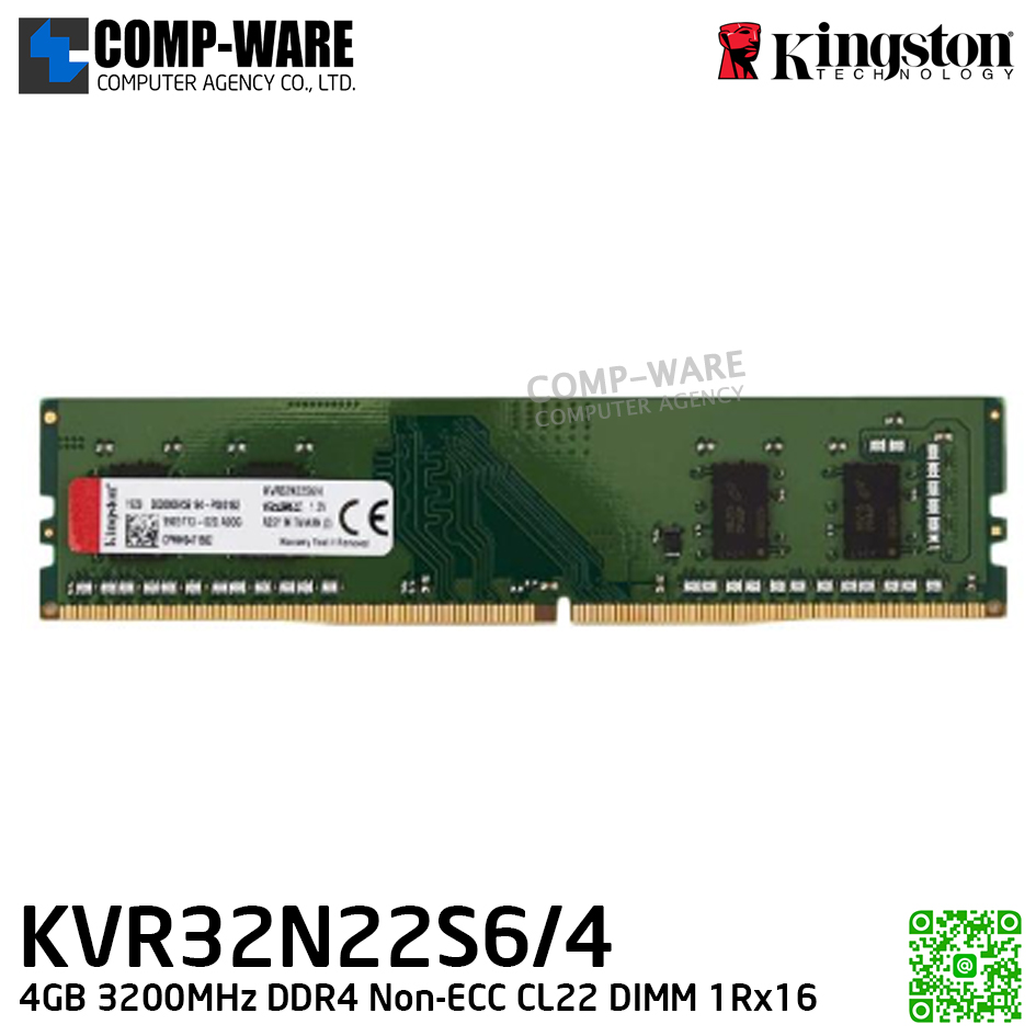 Kingston KVR32N22S6/4 4GB 3200MHz DDR4 Non-ECC CL22 DIMM 1Rx16 / Lifetime Warranty - Memory Module - RAM