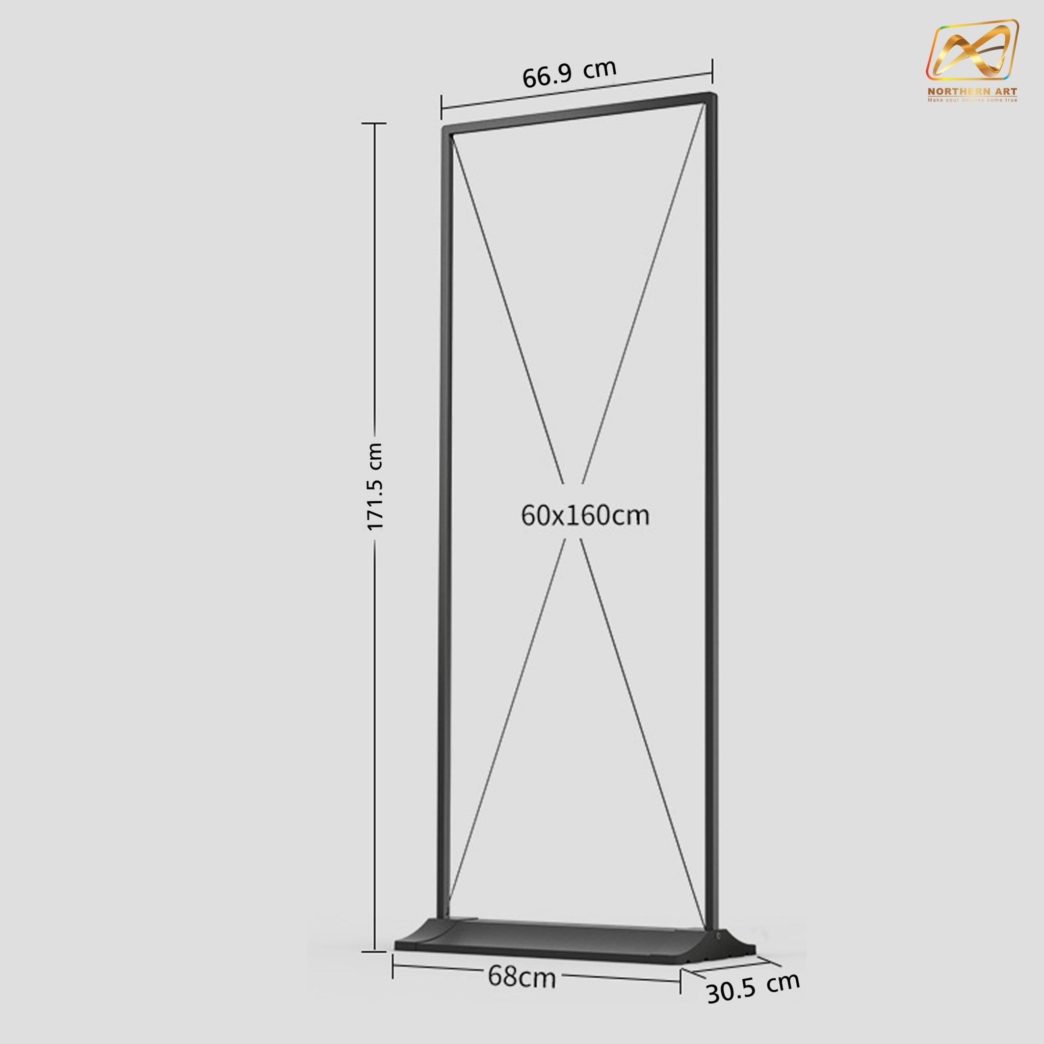 ป้ายตั้งพื้น รุ่นแขวน ฐานพลาสติกขึ้นรูป ขนาด 60x160 ซม. โครงเหล็กสีดำพร้อมขอแขวน 4 มุม ถอดประกอบได้ เคลื่อนย้ายสะดวก