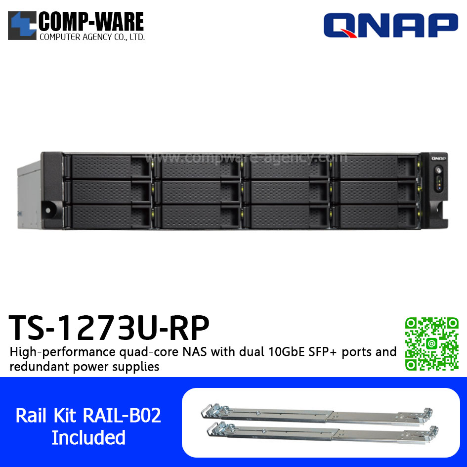 QNAP NAS (2U 12-Bay) TS-1273U-RP-8G (8GB RAM up to 64GB) AMD R-Series RX-421ND , 2 x 10GbE SFP+ ,Redundant Power Supply w/Rail Kit RAIL-B02, No HDD