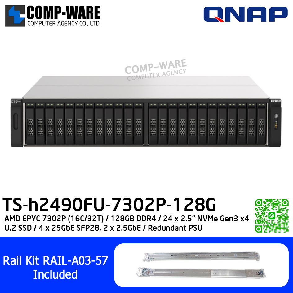 QNAP (2U 24-Bay) TS-h2490FU-7302P-128G / AMD EPYC 7302P (16C/32T) / 128GB DDR4 / 24 x 2.5" NVMe Gen3 x4 U.2 SSD / 4 x 25GbE SFP28, 2 x 2.5GbE / Redundant PSU / 5Y Warranty , No HDD , No Rail Kit