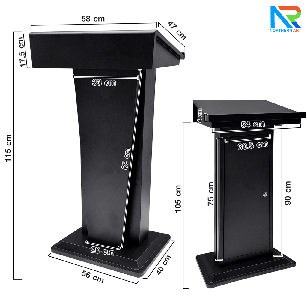 โพเดียมไม้ สีดำ รุ่น PD-WJ-02 ขนาด (W)58 x (L)46.5 cm. สูง 115 cm. ทรงโมเดิร์น TOP เอียง พร้อมตู้ใส่ของมีกุญแจล็อค