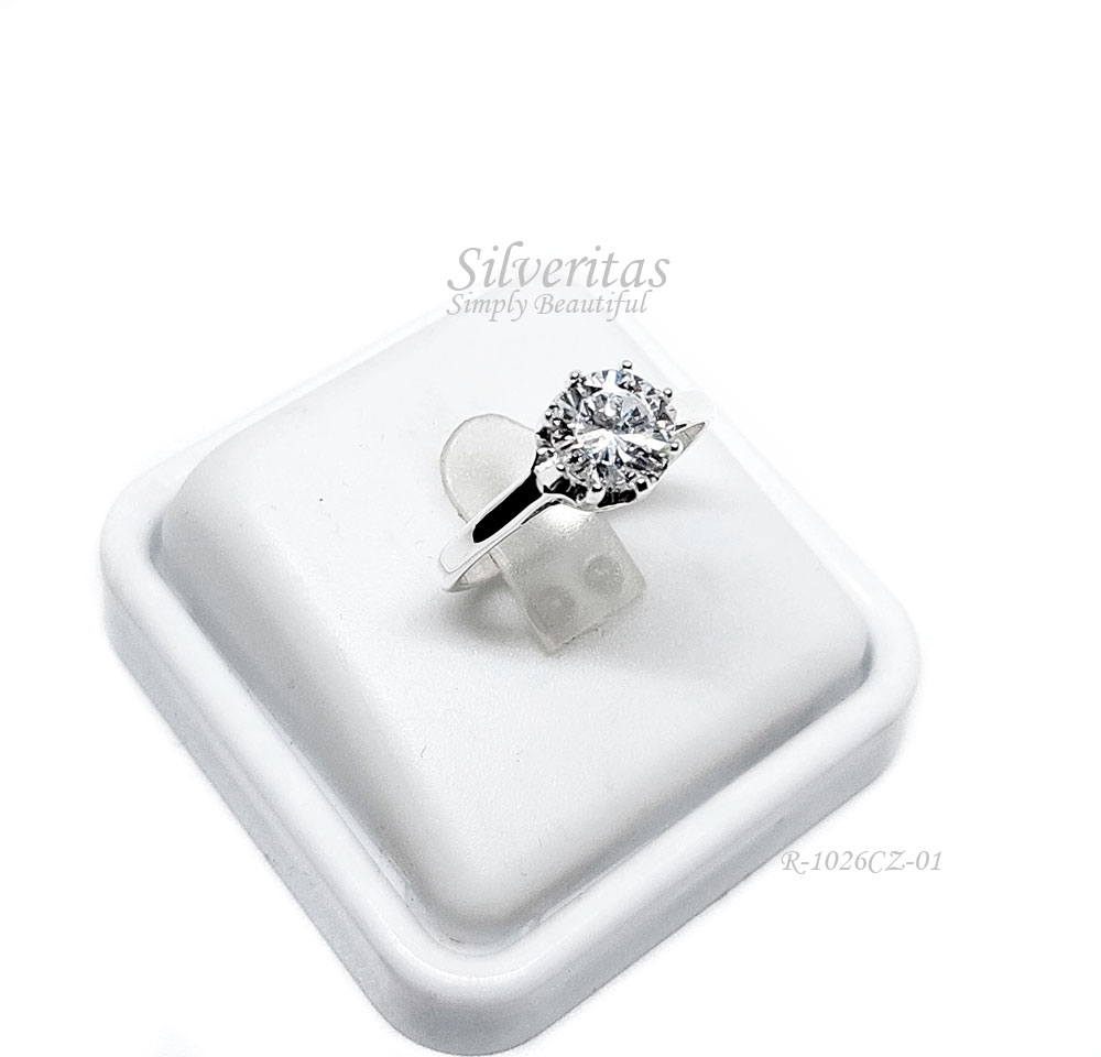 แหวนเงินแท้ประดับด้วยเพชร CZ ขนาด 7 มม กลม-รหัส-R-1026CZ