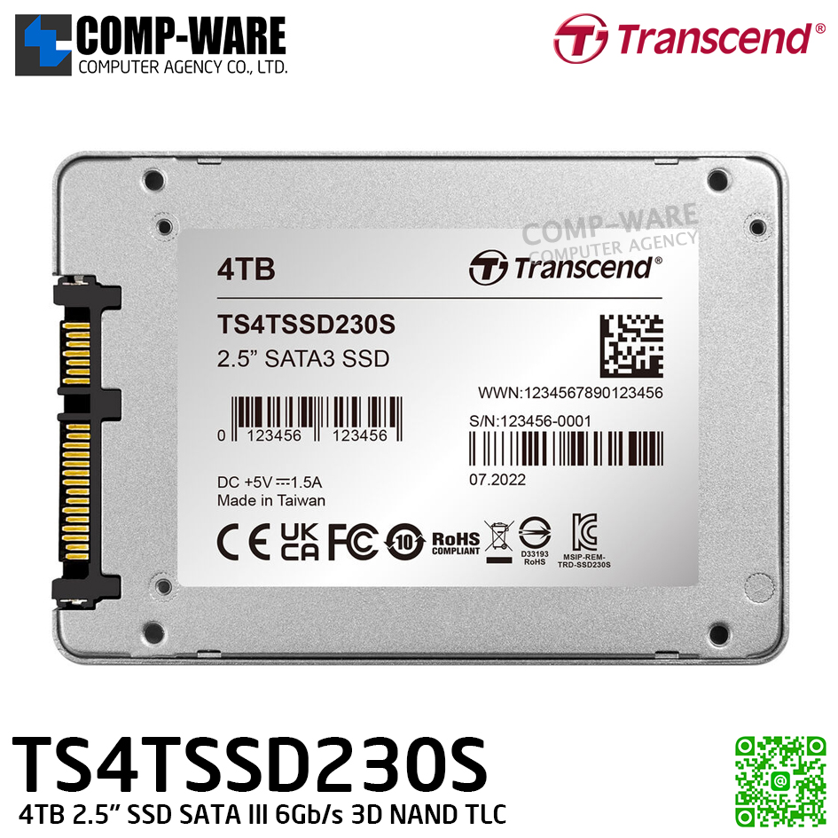 Transcend SSD230S 4TB 2.5" SSD SATA III 6Gb/s 3D NAND TLC (Aluminum Case) - TS4TSSD230S - 5Y Warranty