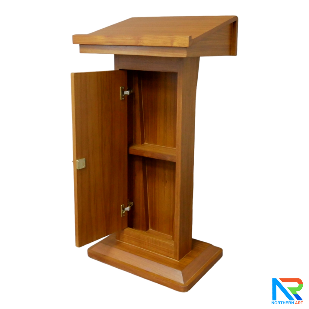 โพเดียมไม้ สีโอ๊ค ทรงโมเดิร์น TOP เอียง ขนาด (W)58 x (L)46 cm. สูง 114 cm. พร้อมตู้ใส่ของ มีกุญแจล็อค