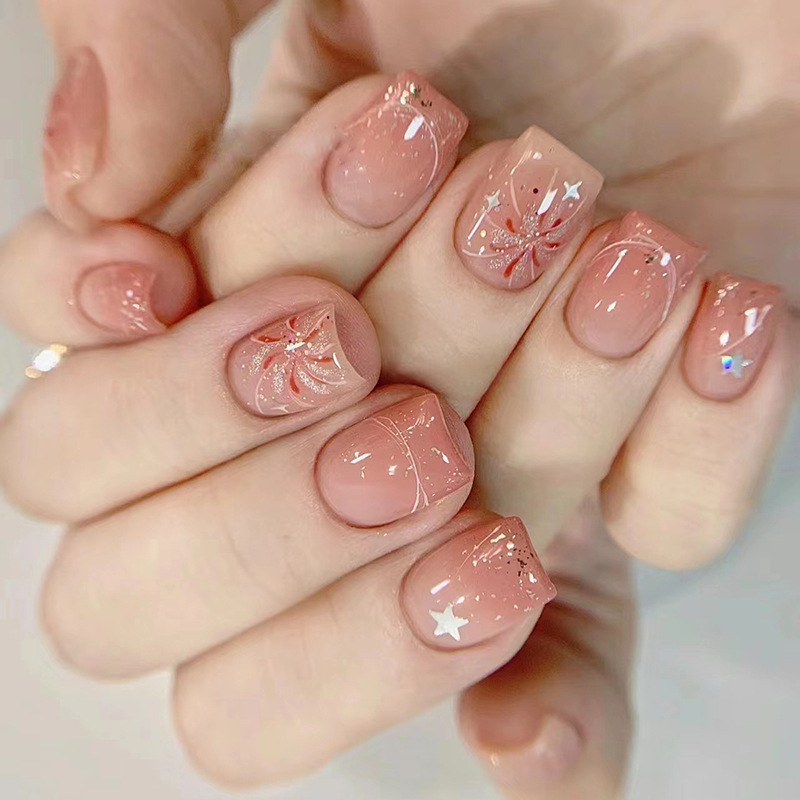 PP🆗 เล็บปลอม เล็บมือ สั้น ลายหวานๆ สำเร็จรูป 24 ชิ้น เล็บสั้น