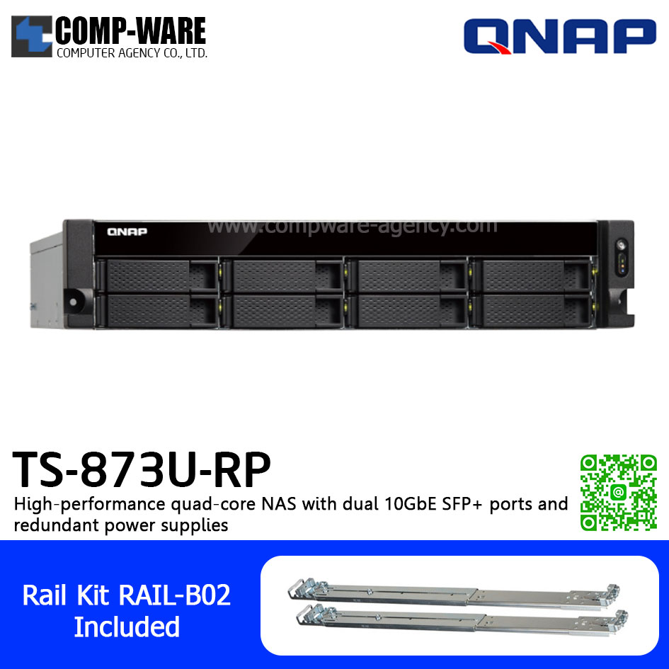 QNAP NAS (2U 8-Bay) TS-873U-RP-8G (8GB RAM up to 64GB) AMD R-Series RX-421ND , 2 x 10GbE SFP+ ,Redundant Power Supply w/Rail Kit RAIL-B02, No HDD