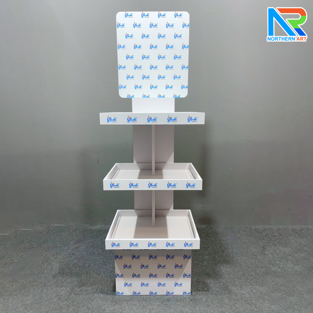 ชั้นวางสินค้าพลาสวูด 3 ชั้น ขนาด (W)40 x (D)31.6 x (H)150 ซม. พลาสวูดหนา 8 มม.พร้อมงานพิมพ์สติ๊กเกอร์