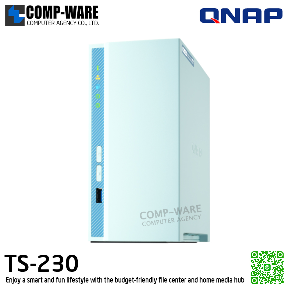 QNAP (Tower 2-Bay) TS-230 / ARM 1.4GHz (4Core) / 2GB DDR4 / 2 x 2.5" & 3.5" SATA 6Gb/s / 1 x GbE / Adapter Power / 2Y Warranty / No HDD