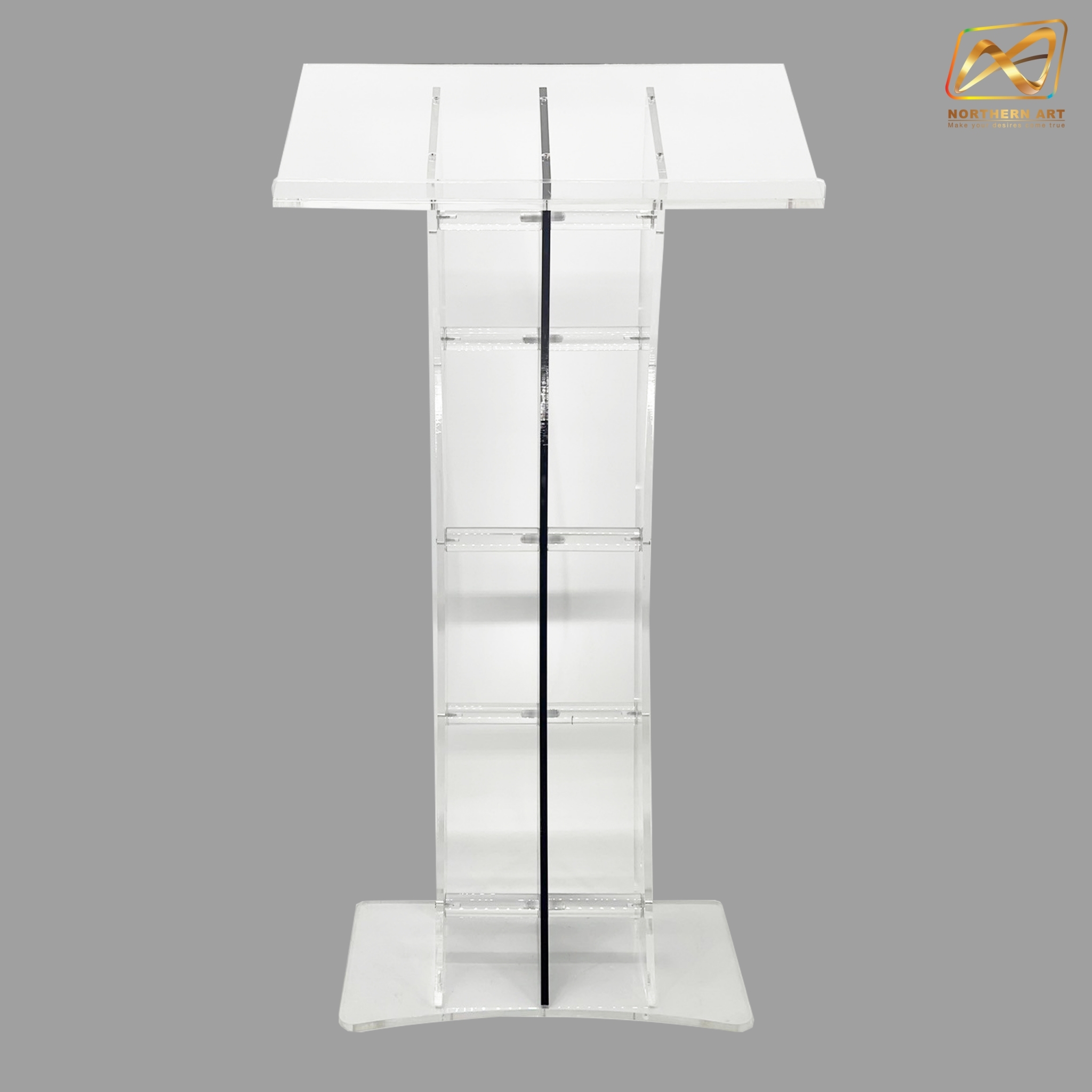 โพเดียมอะคริลิคใส และอะคริลิคสีน้ำเงิน ขนาด(W)60 x (L)42 x (H)113 cm. TOP เอียงพร้อมกันตก